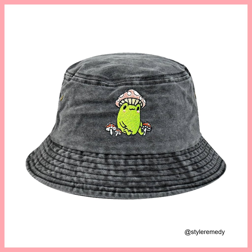Embroidered Frog Mushroom Bucket Hat, Premium Washed Cotton, Unisex